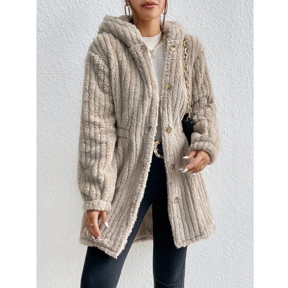 Khaki Button Front Hooded Teddy Coat - Picture 5 of 7
